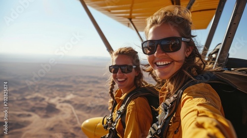 Portrait of happy friends looking at camera while sitting on wing of airplane before jump with parachute. photo
