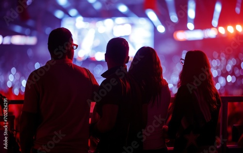 Silhouettes of people at a concert in front of the stage
