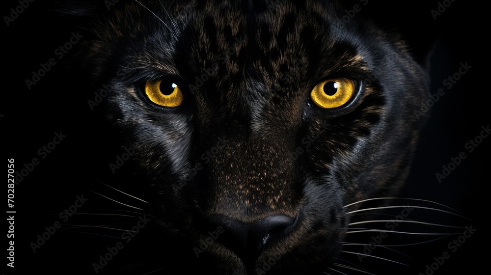 A close up of a black cat with yellow eyes