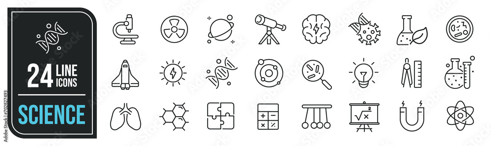 Science simple minimal thin line icons. Related research, astronomy, chemical, experiment. Editable stroke. Vector illustration. - obrazy, fototapety, plakaty 