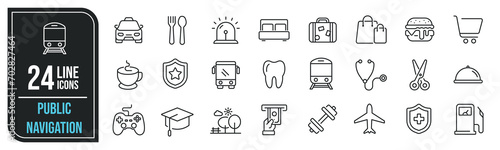 Public navigation simple minimal thin line icons. Related transportation, place, sign. Editable stroke. Vector illustration.