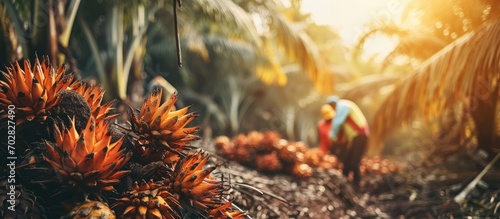 Harvested oil palm fruits with workers in background. with copy space image. Place for adding text or design