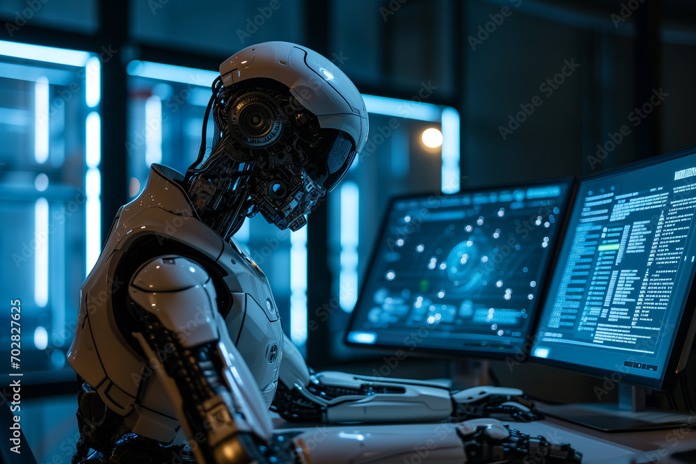 Modern robot in front of a computer Modern robot in front of a computer