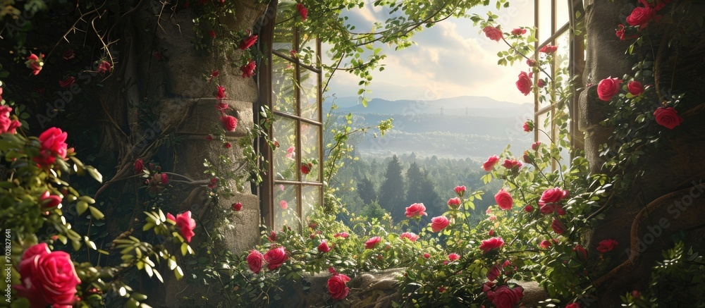 Obraz premium Magic window with a fairy garden of roses. with copy space image. Place for adding text or design