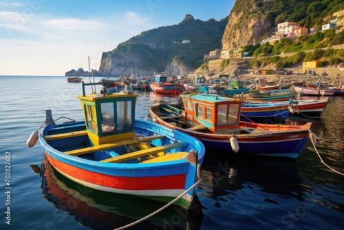 A traditional fishing village with colorful boats lined up along the shore photo