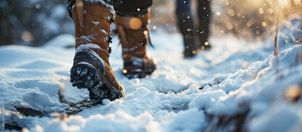 Foot In Boot men s feet in boots in the snow walking in winter. with copy space ...