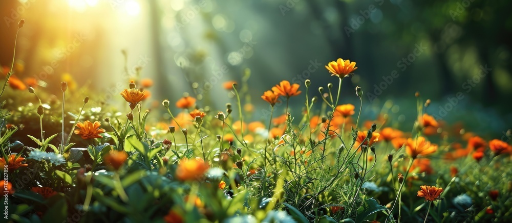 How beautifully round like a ball the red pink misty colored flowers are blooming yellow in the middle looks very beautiful green nature around open sky shining sun around. with copy space image How beautifully round like a ball the red pink misty colored flowers are blooming yellow in the middle looks very beautiful green nature around open sky shining sun around. with copy space image