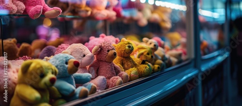 Image of soft toys inside a claw machine shot at a game zone. with copy space image. Place for adding text or design photo