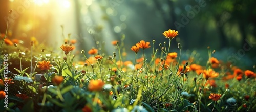 How beautifully round like a ball the red pink misty colored flowers are blooming yellow in the middle looks very beautiful green nature around open sky shining sun around. with copy space image © vxnaghiyev