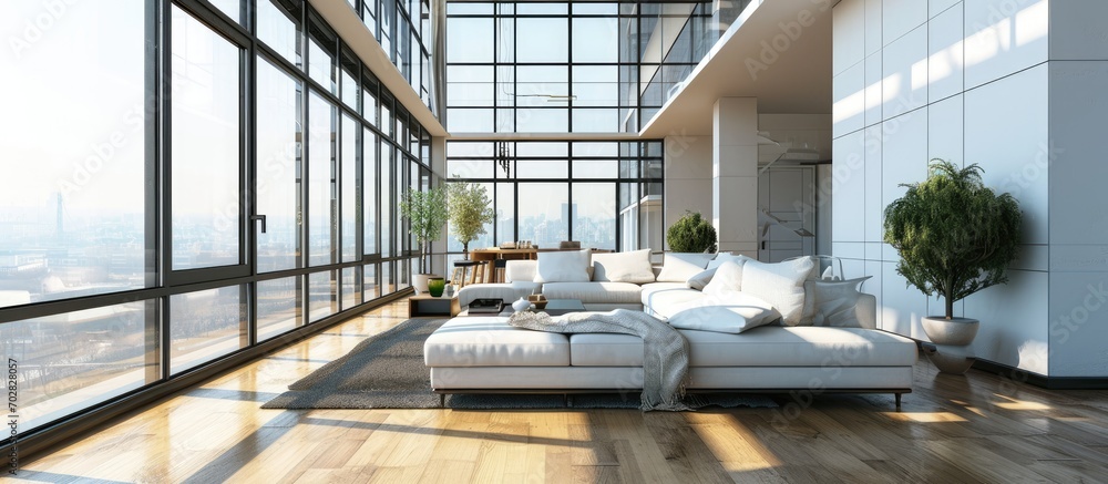 Interior modern penthouse empty living room with large windows. with ...