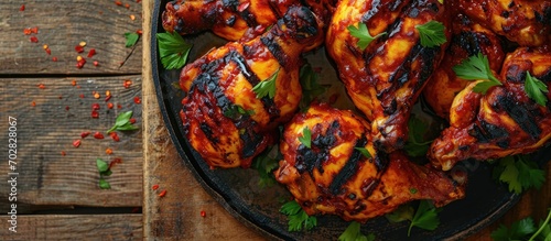Homemade Spatchcocked Grilled Piri Piri Chicken with Parsley on a Plate top view Overhead from above flat lay Close up. with copy space image. Place for adding text or design
