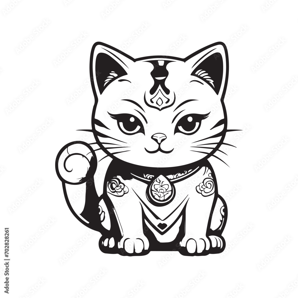 cute lucky cat statue vector illustration black and white
