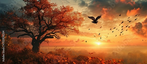 In the autumn sunset a proud tree adorned with amber leaves stands against the fiery sky Birds take flight their silhouettes dance Nature s beauty a moment of serene awe. with copy space image