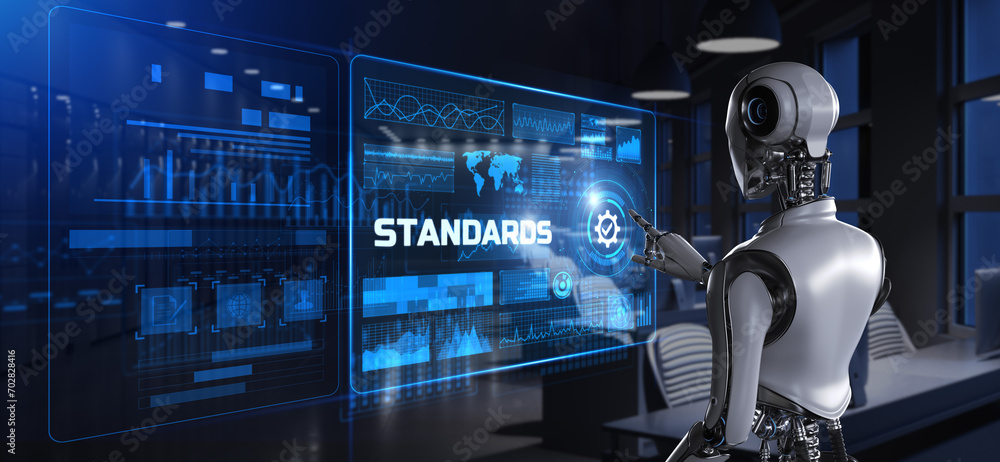 Standard quality control certification standardisation. Robot pressing button on screen 3d render. Standard quality control certification standardisation. Robot pressing button on screen 3d render.