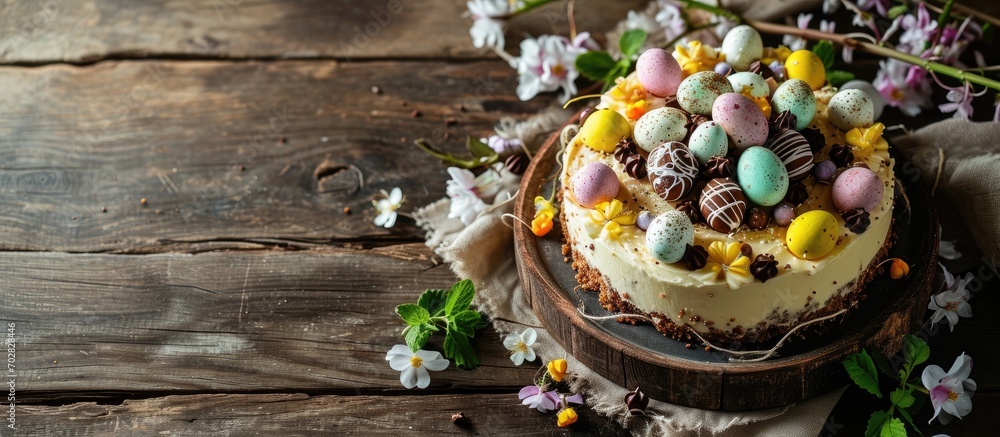 Obraz na płótnie Homemade Easter cheesecake sweet cottage cheese baking with Ester chocolate eggs and chocolate drops with holiday decorations and spring flowers. with copy space image w salonie