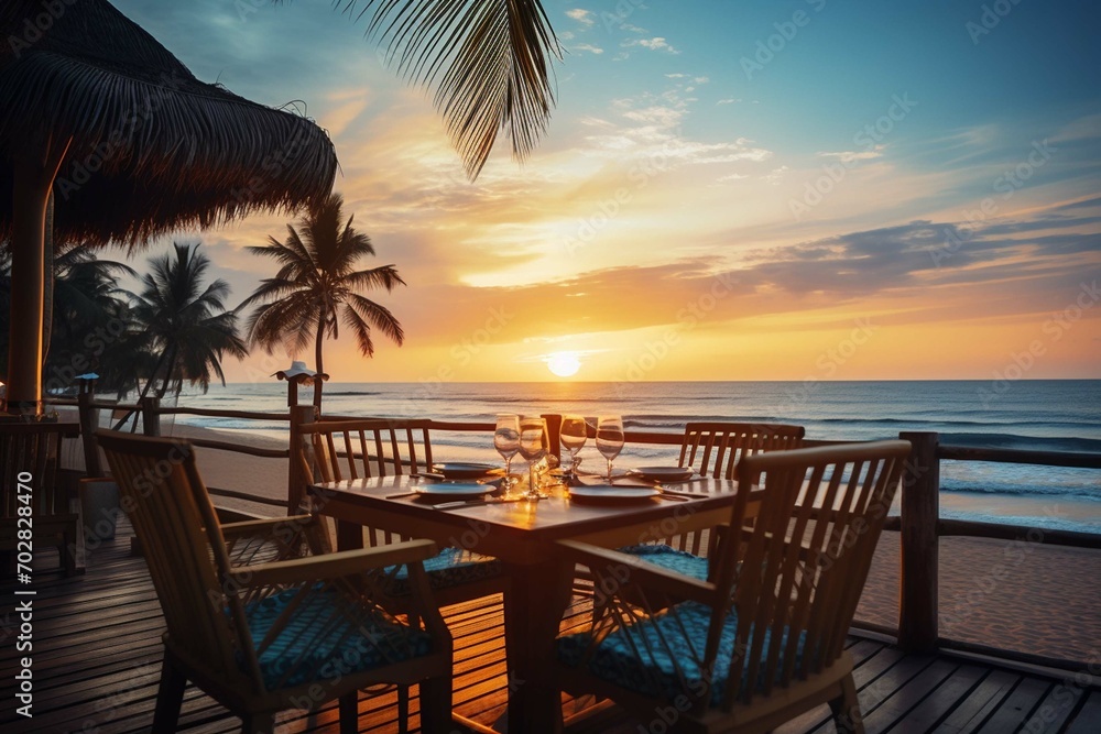 Outdoor restaurant at the beach, Table setting at tropical beach restaurant, beautiful sunset sky, sea view, Luxury hotel or resort restaurant, Generative AI 
