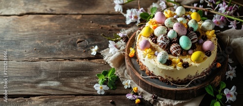 Homemade Easter cheesecake sweet cottage cheese baking with Ester chocolate eggs and chocolate drops with holiday decorations and spring flowers. with copy space image