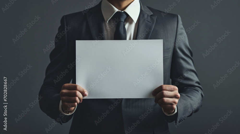 A man in suit holding blank clear white of the sheet. Closeup. Isolated A man in suit holding blank clear white of the sheet. Closeup. Isolated