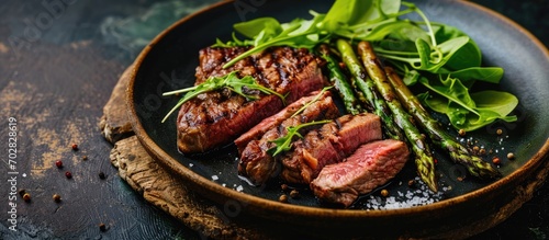 Modern style barbecue dry aged wagyu roast beef steak with green asparagus and lettuce served as close up on a Nordic design plate. with copy space image. Place for adding text or design photo