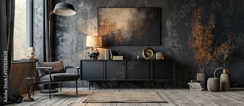 Interior design of modern living room with black stylish commode mock up art paintings lamp book decorations and elegant accessories in home decor Template. with copy space image photo