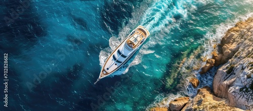 Large white boat on blue wa...