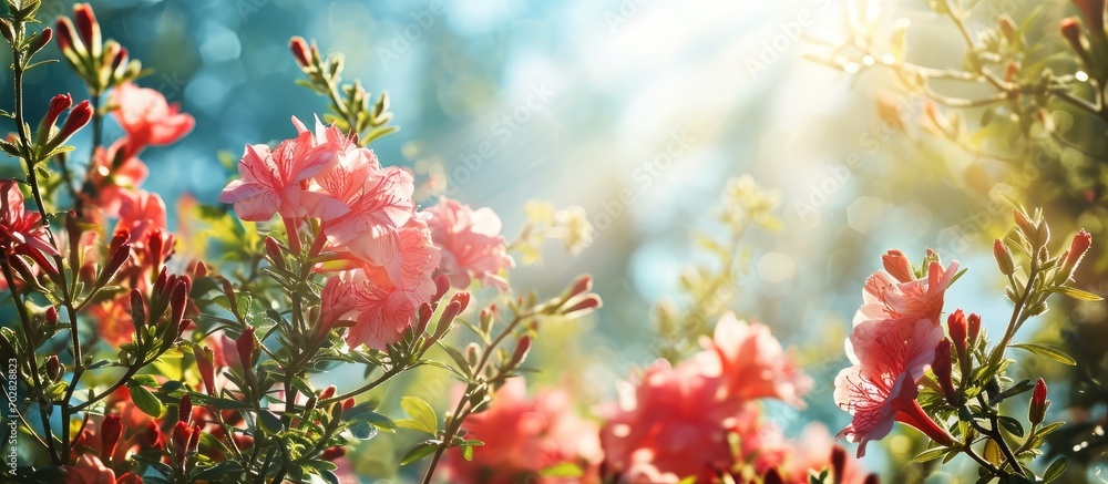 How beautifully the flowers of mixing colors are blooming it looks very beautiful the open sky is full of green nature and the sun is shining all around. with copy space image How beautifully the flowers of mixing colors are blooming it looks very beautiful the open sky is full of green nature and the sun is shining all around. with copy space image
