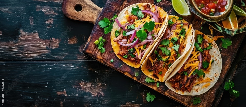 Homemade Carne Asada Street Tacos with Cheese Cilantro and Onion. with copy space image. Place for adding text or design - obrazy, fototapety, plakaty 