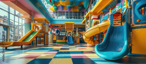 Modern indoor children s playground Colorfull indoor slide kindergarten area. with copy space image. Place for adding text or design photo