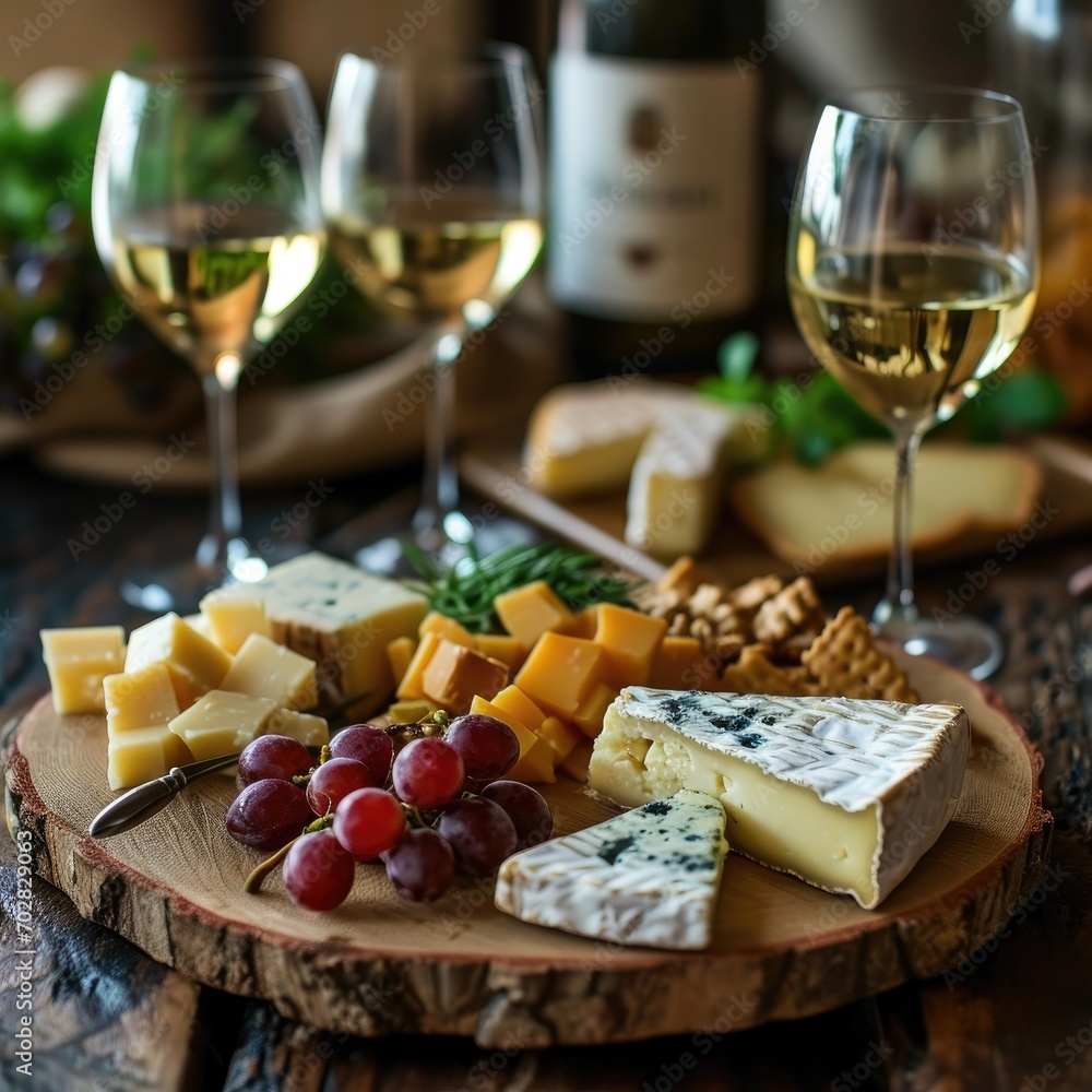 Cheese plate with glasses of white wine on table Cheese plate with glasses of white wine on table