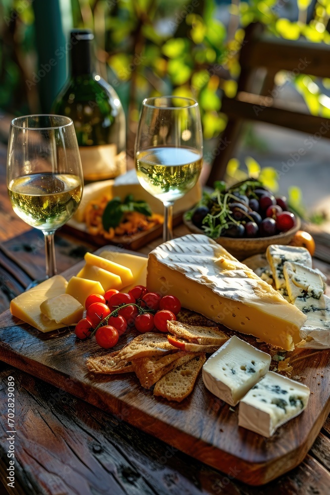 Cheese plate with glasses of white wine on table