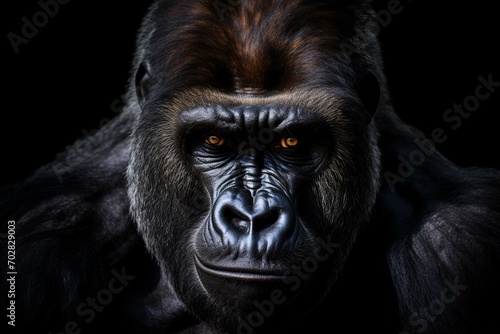 Portrait face powerful dominant male gorilla on black background  Beautiful Portrait of a Gorilla. severe silverback  anthropoid ape  stern face. isolated black background Generative AI 
