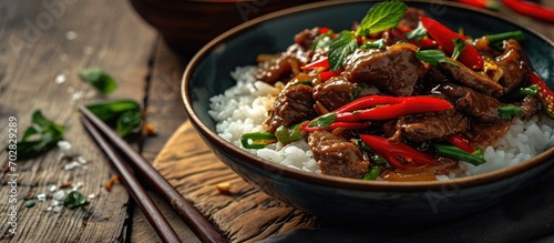 Homemade Chinese Pepper Steak with White Rice. with copy space image. Place for adding text or design photo