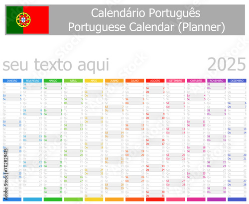 2025 Portuguese Planner Calendar Vertical Months on white background