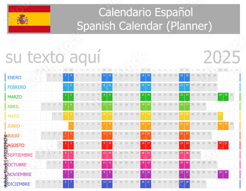 2025 Spanish Planner Calendar with Horizontal Months on white background