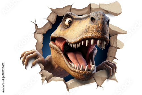 Funny T-Rex peeking out of a hole in the wall  torn hole  empty copy space frame  white background  