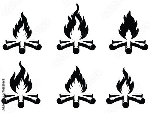 Set of black and white campfire icon. Campfire silhouettes