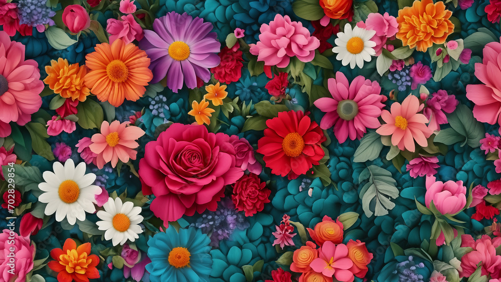 Wallpaper with beautiful, colorful flowers, mosaic