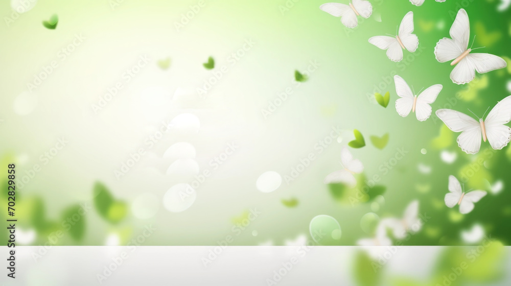 Green spring background with butterflies, bokeh lights and space for text Green spring background with butterflies, bokeh lights and space for text