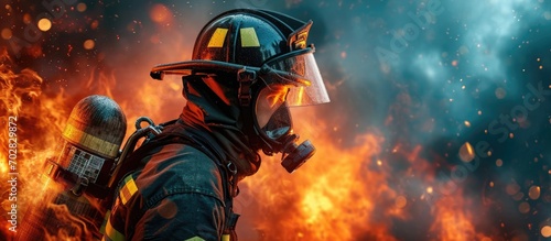 Holding the fire hose securely on their shoulder the firefighter showcases their expertise and readiness to combat the flames and protect lives and property. with copy space image © vxnaghiyev