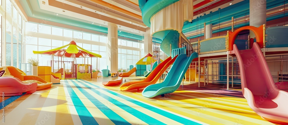 Modern indoor children s playground Colorfull indoor slide kindergarten area. with copy space image. Place for adding text or design
