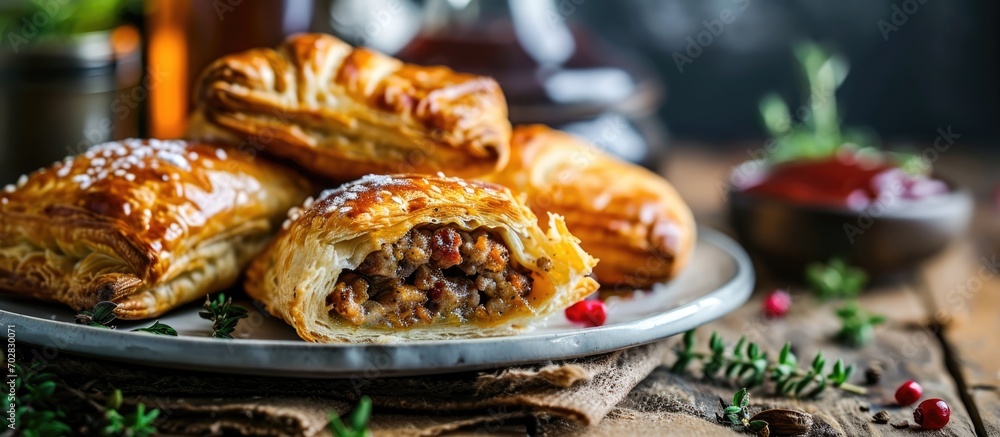 Tasty puff pastries with sausage filling on plate. - obrazy, fototapety, plakaty 