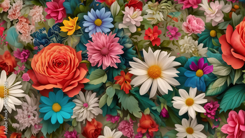 Wallpaper with beautiful, colorful flowers, mosaic