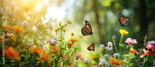 How beautifully beautiful butterflies are floating on red pink misty kheri colored flowers it looks very beautiful full of green nature around open sky shining sun around. with copy space image