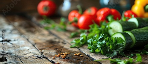 Stampa su tela Lentil salad with cucumber bell pepper and coriander leaves on rustic wooden table Selective focus