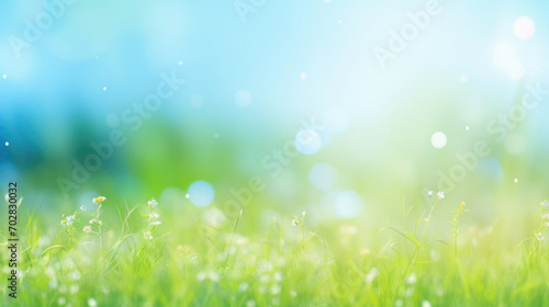 Beautiful sunny spring meadow with green grass and blue sky. Abstract background with light bokeh and space for text. photo