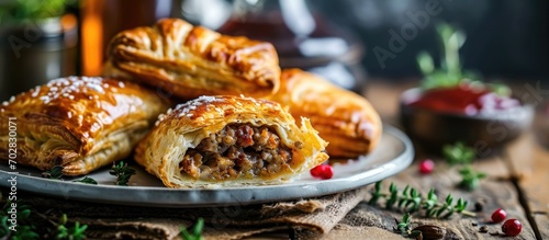 Tasty puff pastries with sausage filling on plate.
