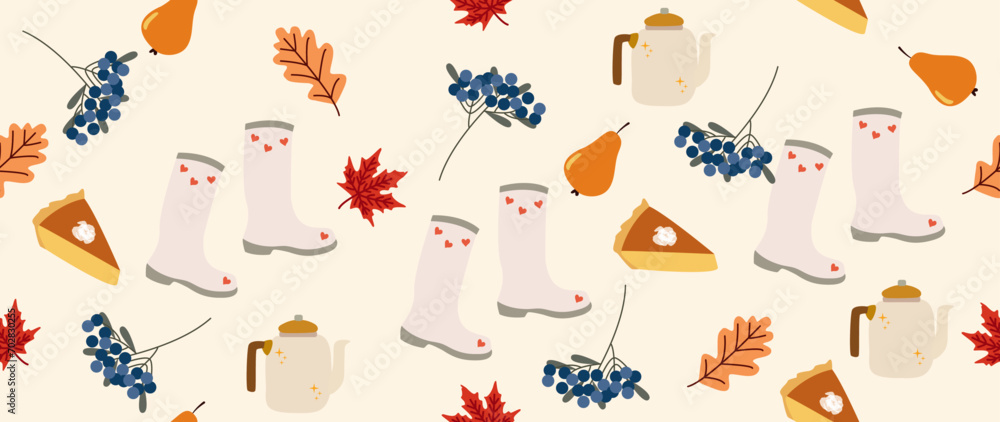 Vector flat illustration. Seamless background with different autumn things. Ideal for decorating fall festival decorations, invitations, banners, wall decorations and cards.