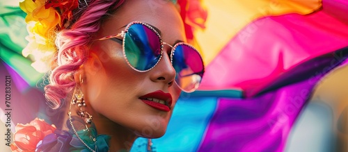 Happy drag queen celebrating gay pride holding banner with rainbow flag symbol of LGBTQ community Focus on banner. with copy space image. Place for adding text or design photo