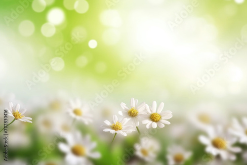 Beautiful daisy flowers on sunny spring meadow. Background with light bokeh and space for text.