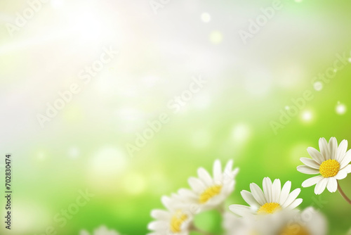 Beautiful daisy flowers on sunny spring meadow. Background with light bokeh and space for text. © pilipphoto
